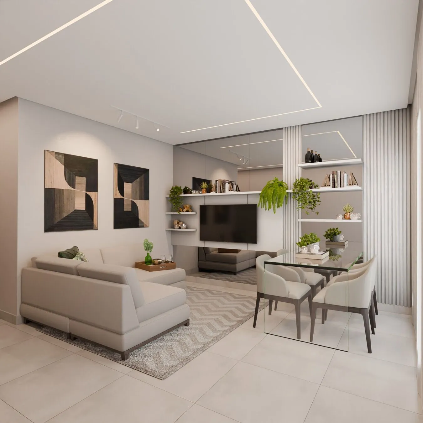 Sala integrada com decoração contemporânea