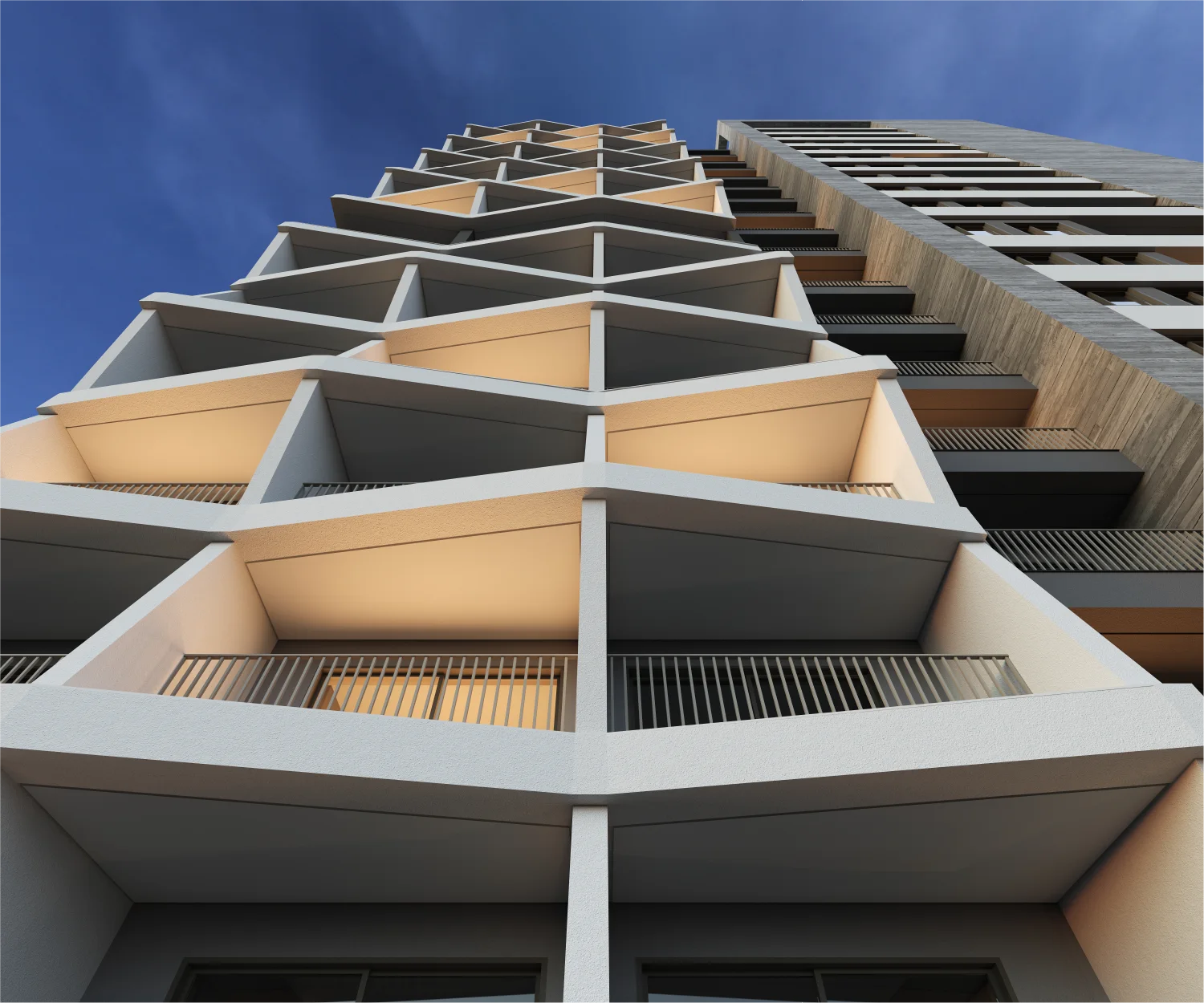Vista de baixo para cima da fachada de edifício residencial