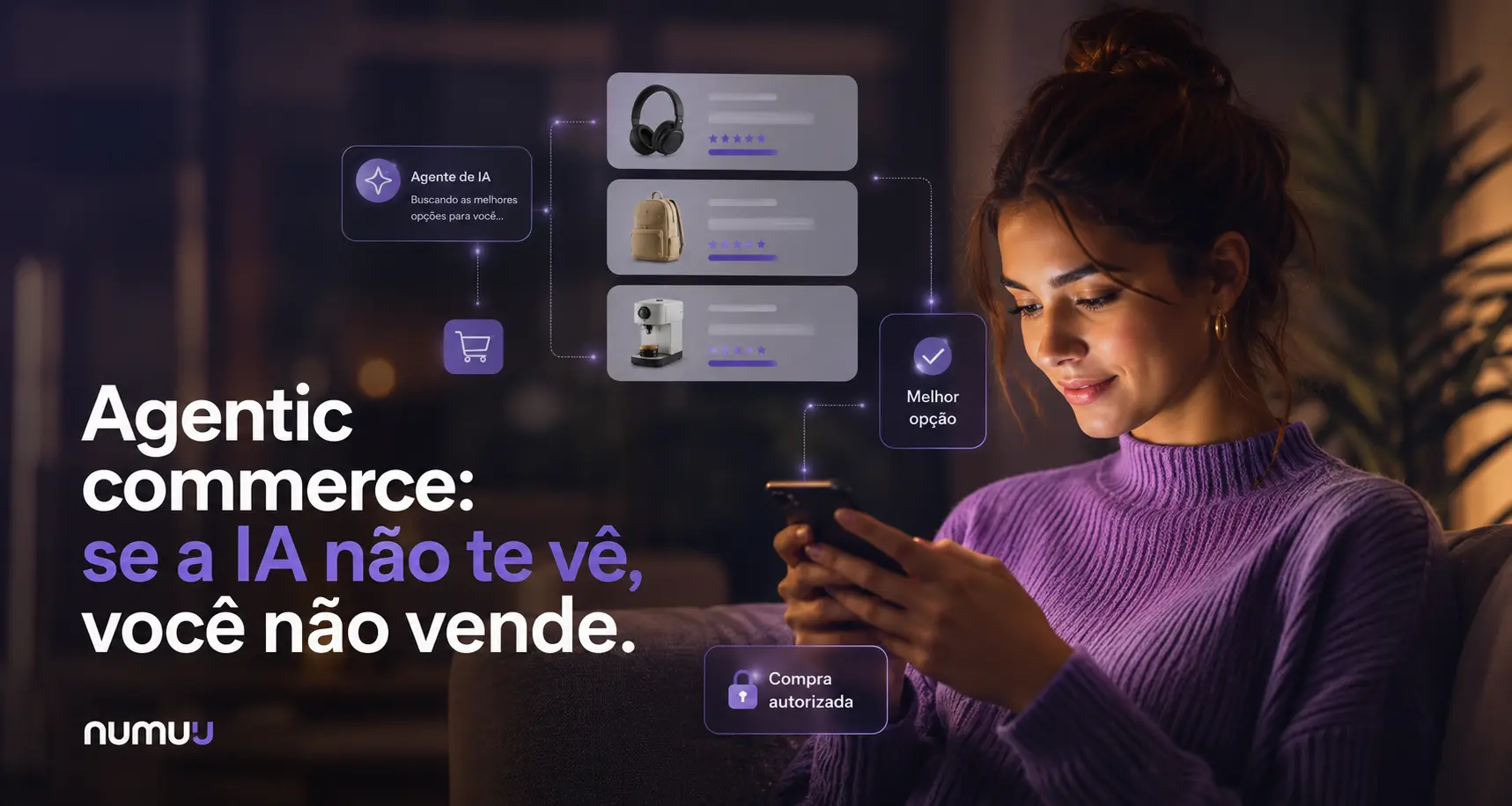 Pessoa usando tablet enquanto uma interface de IA compara produtos, avaliações e sinais de compra no agentic commerce.