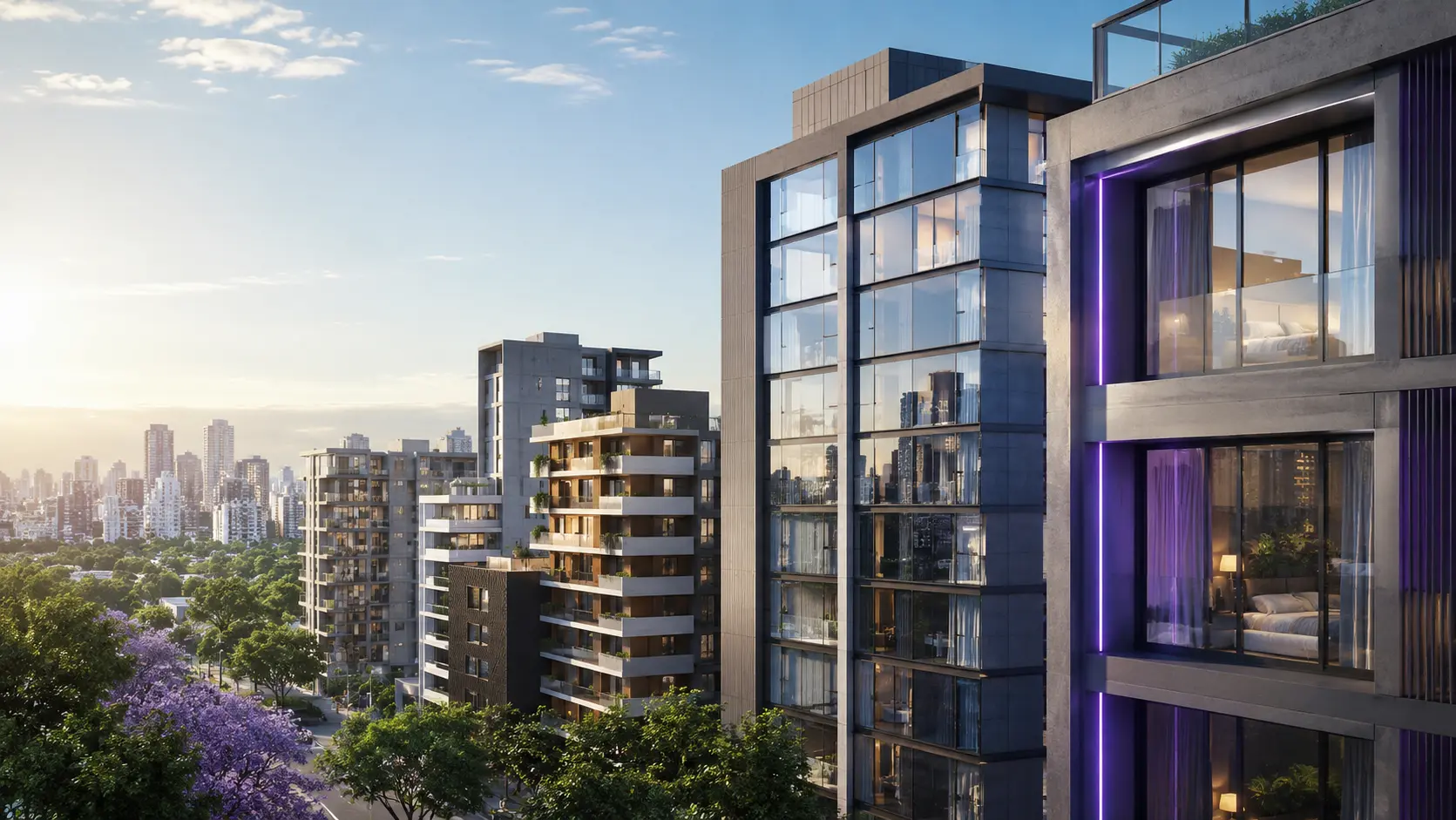Prédios residenciais modernos em Curitiba representando compactos, short stay e valorização do metro quadrado