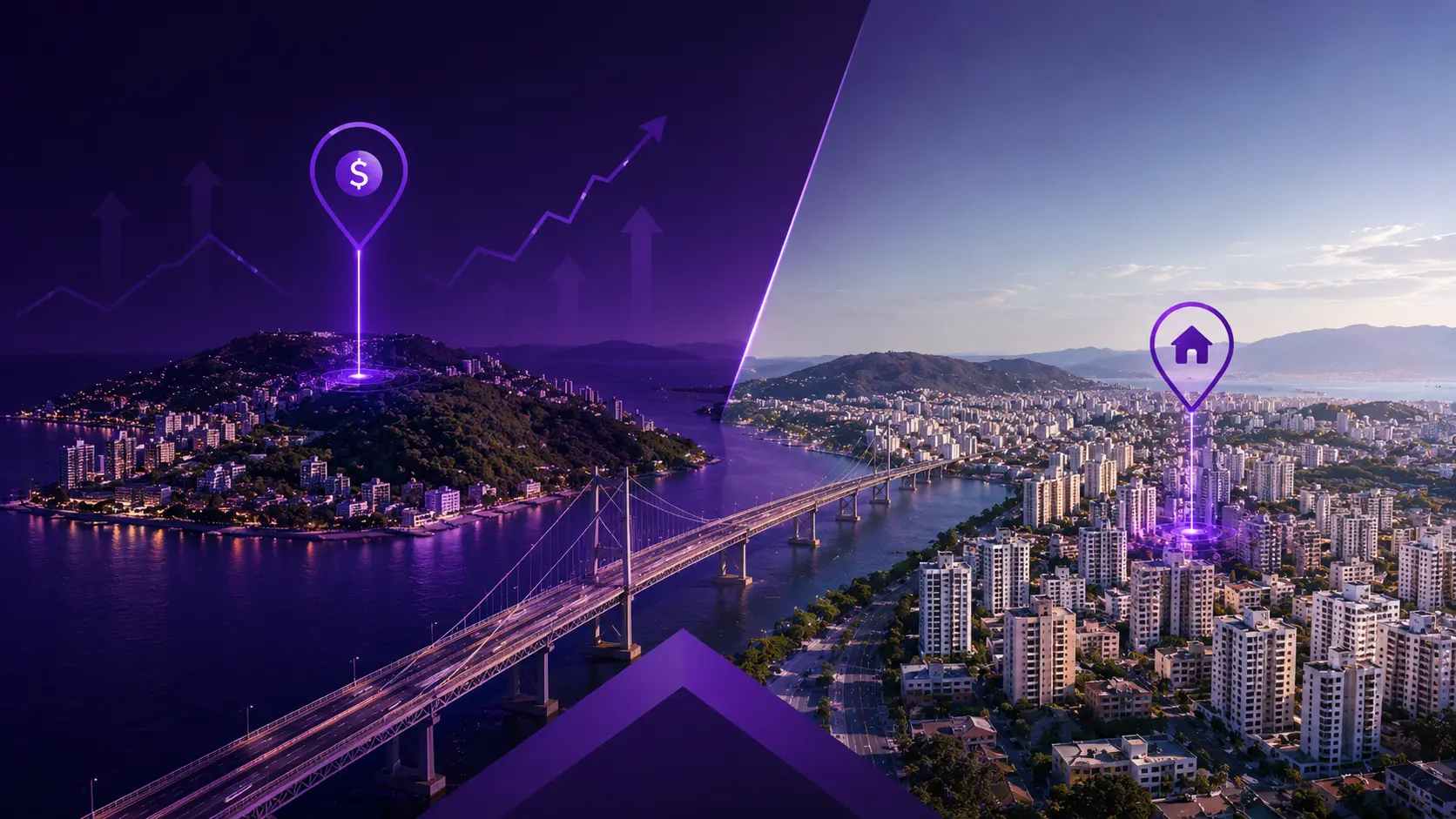 Vista aérea da Grande Florianópolis com a ponte entre a ilha e o continente, ilustrando a divisão do mercado imobiliário entre preço e escala.