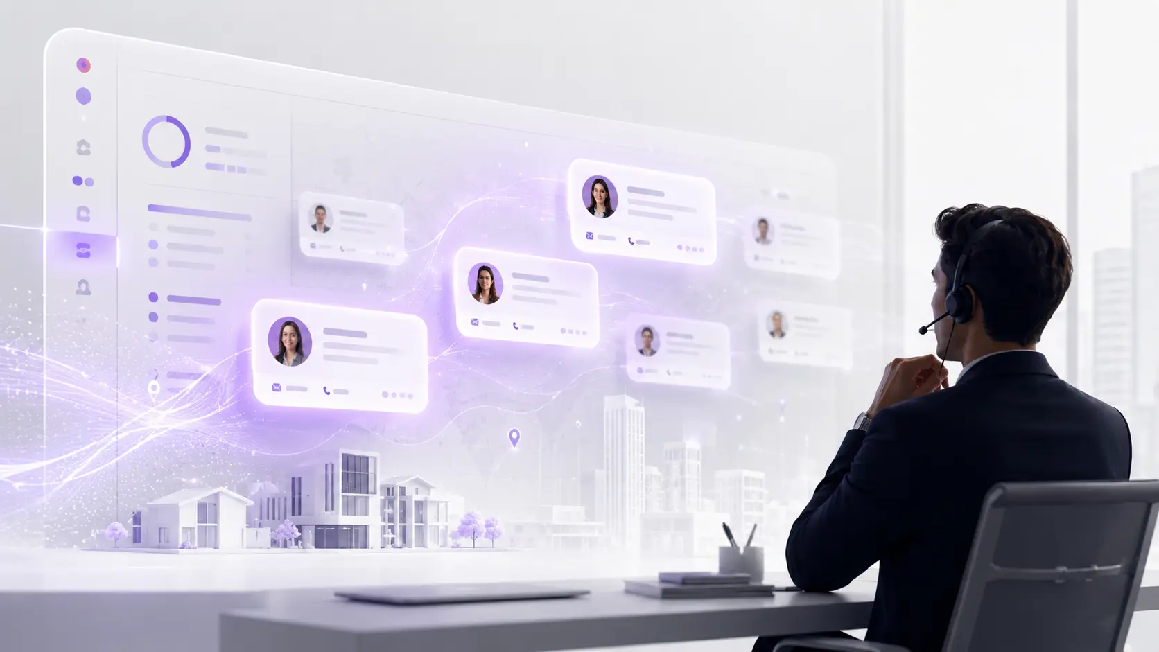 Corretor imobiliário observando uma tela de CRM com contatos ativados por inteligência artificial