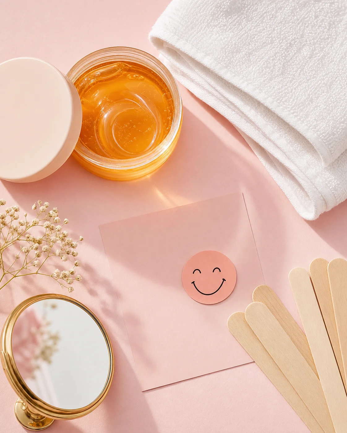 Cera, espelho, toalha e palitos em uma composição rosa clara