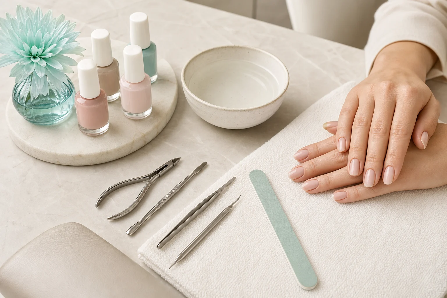 Mesa organizada para atendimento de manicure